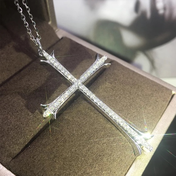 New Unisex 925 Silver Cross Diamond Necklace - Picture 2 of 6